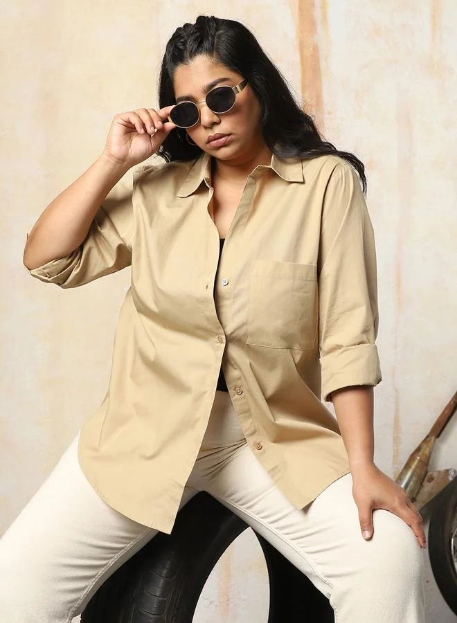 HIGH STAR Women's Beige 100% Cotton Solid Pattern Button Down Oversized Shirt