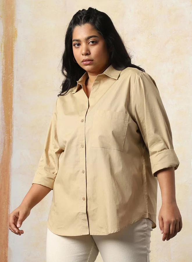 HIGH STAR Women's Beige 100% Cotton Solid Pattern Button Down Oversized Shirt