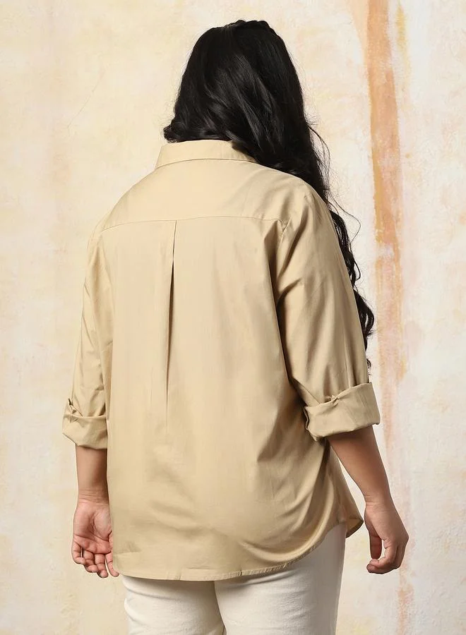 HIGH STAR Women's Beige 100% Cotton Solid Pattern Button Down Oversized Shirt