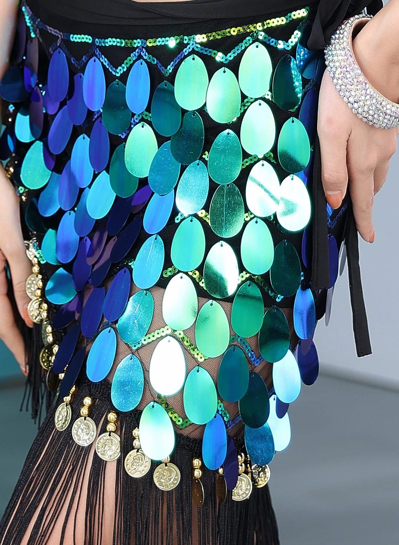 Belly Dance Hip Scarf, Glitter Fringe Triangle Wrap Belt Sparkle Skirt for Women Outfit Accessory with Tassel Sequins for Women Girl Latin Zumba Yoga (Green) - Image 3