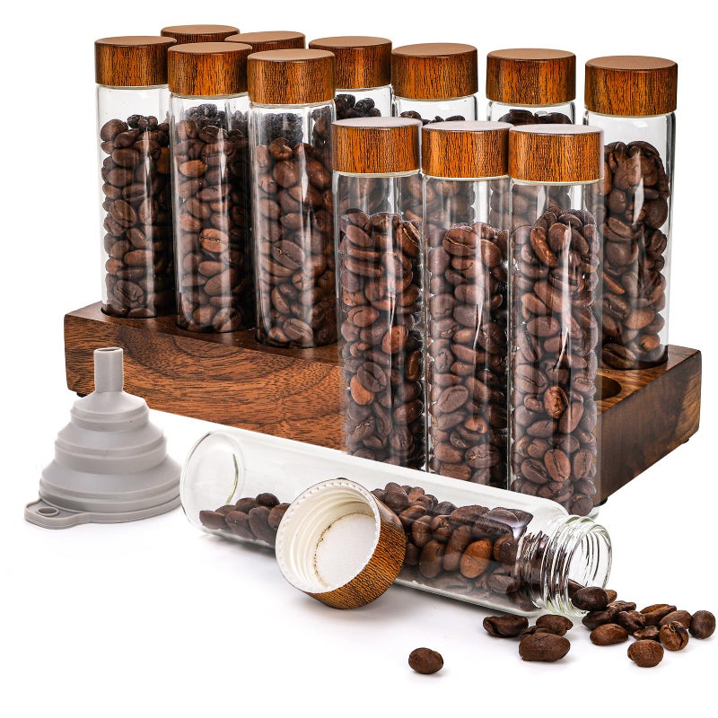 Goaste 12 Pack Coffee Bean Storage Tubes with Wooden Stand Single Dose Coffee Bean Cellar Container Dosing Glass Vials with Lids and Funnel for Coffee Beans Storage Tea 2 OZ