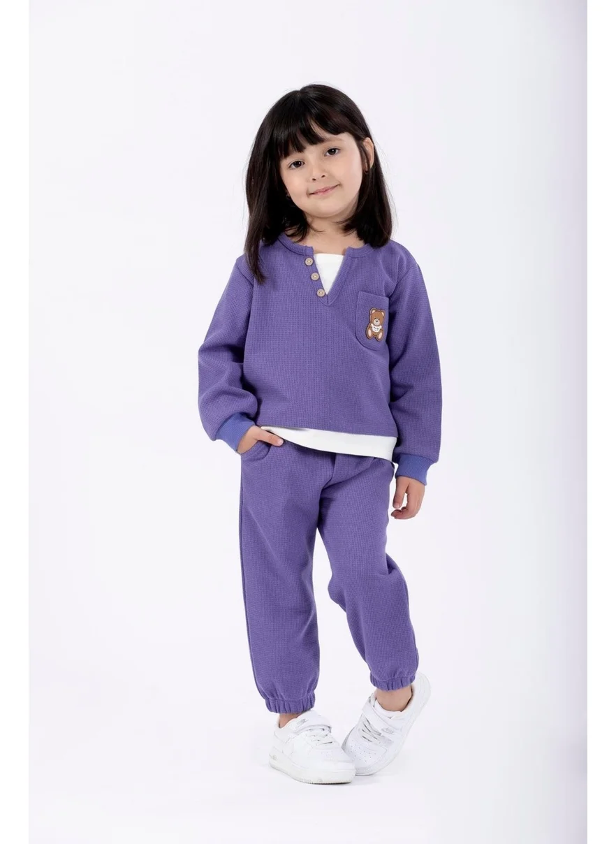 Zepkids Crew Neck Long Sleeve Teddy Bear Embroidered Garter Waist Elasticated Purple Color Girls Tracksuit