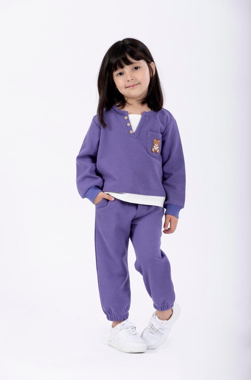 Zepkids Crew Neck Long Sleeve Teddy Bear Embroidered Garter Waist Elasticated Purple Color Girls Tracksuit  - Image 1