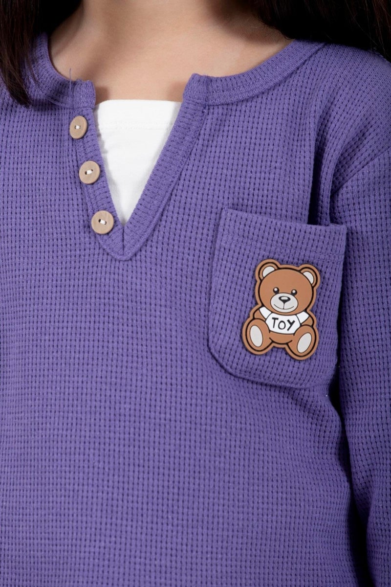 Zepkids Crew Neck Long Sleeve Teddy Bear Embroidered Garter Waist Elasticated Purple Color Girls Tracksuit  - Image 3