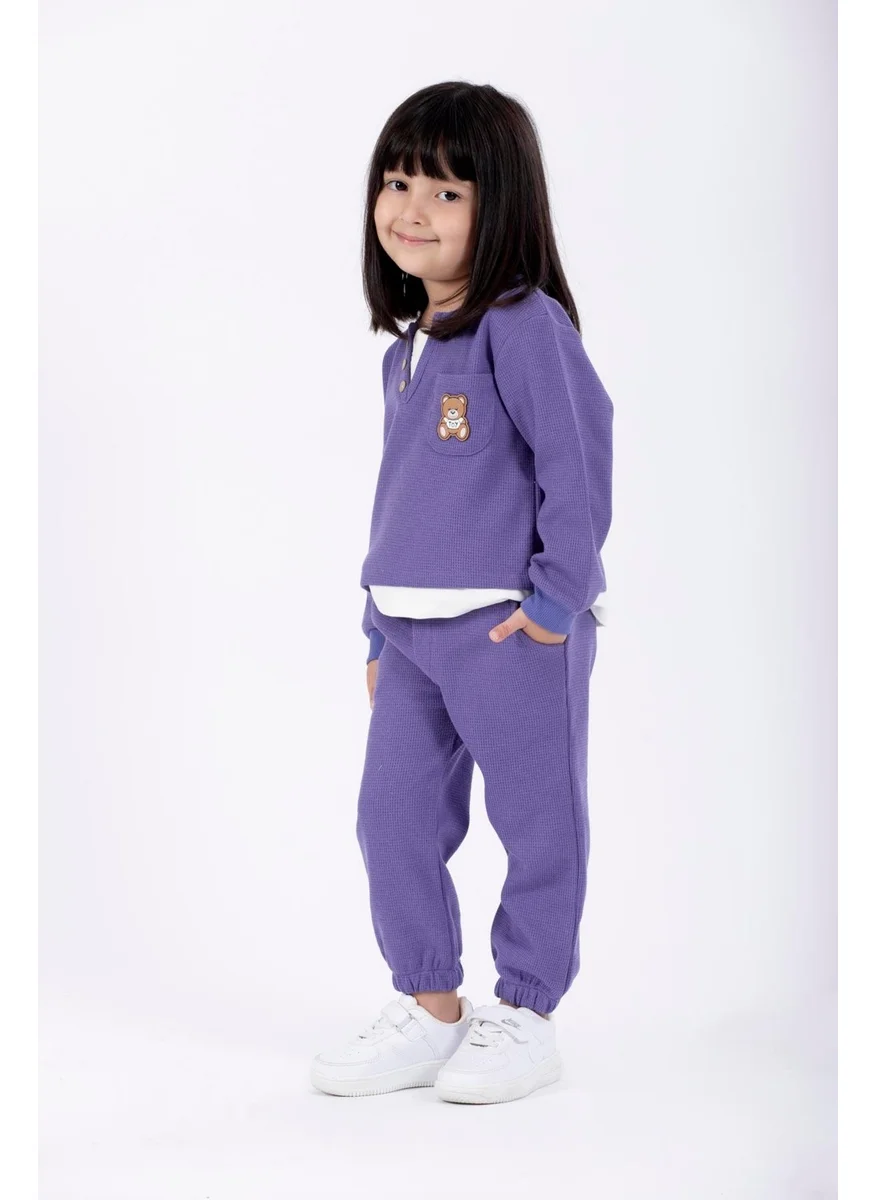 Zepkids Crew Neck Long Sleeve Teddy Bear Embroidered Garter Waist Elasticated Purple Color Girls Tracksuit