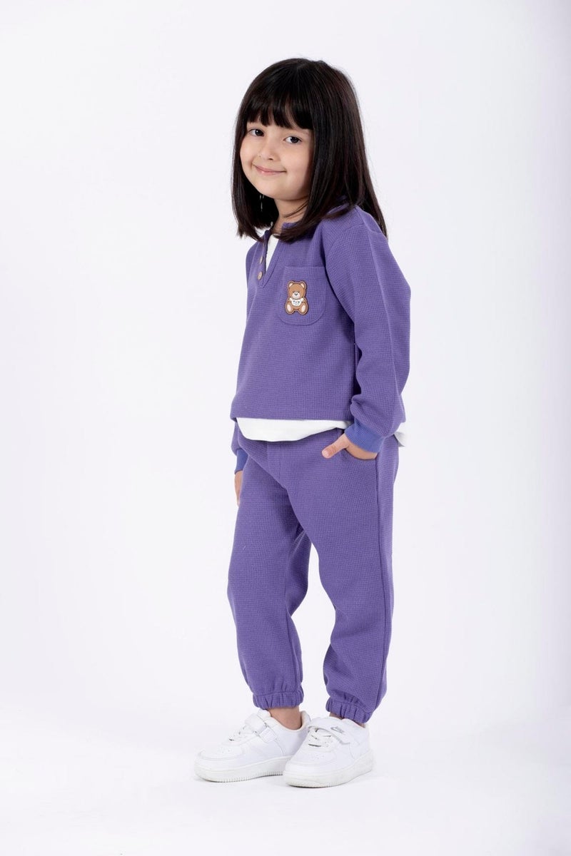 Zepkids Crew Neck Long Sleeve Teddy Bear Embroidered Garter Waist Elasticated Purple Color Girls Tracksuit  - Image 2