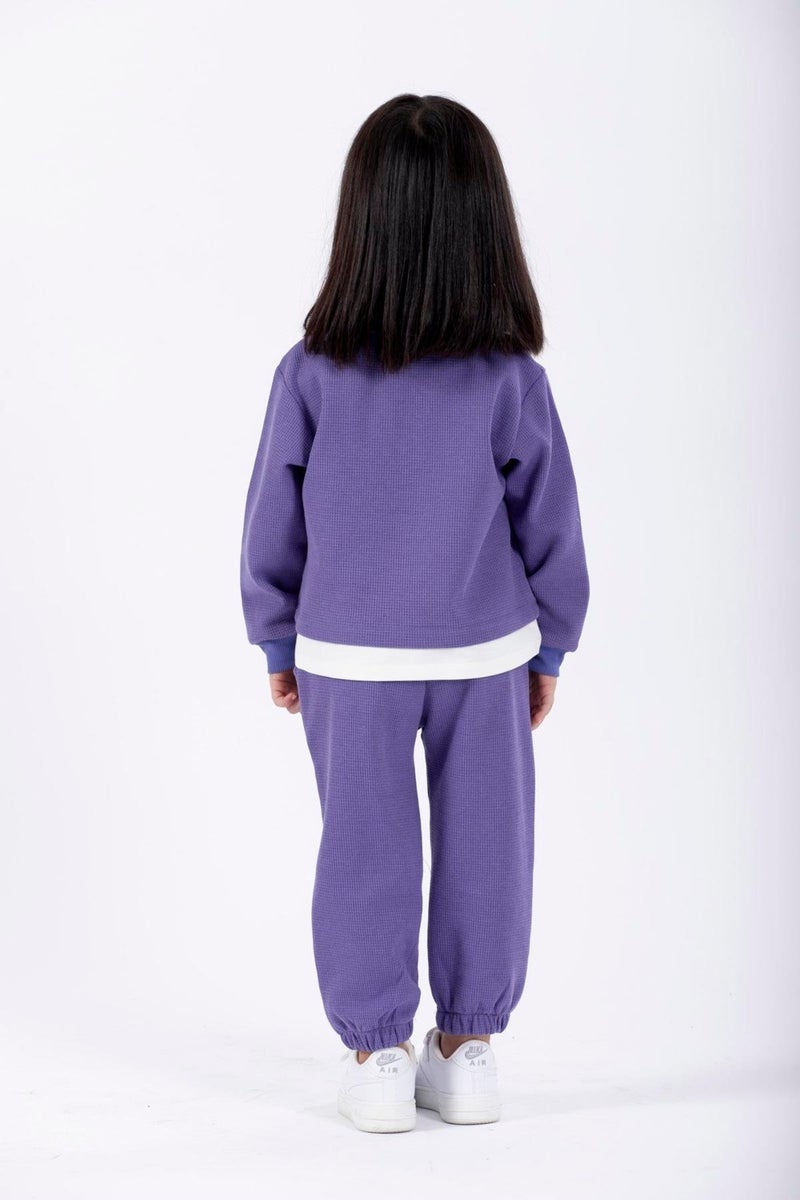 Zepkids Crew Neck Long Sleeve Teddy Bear Embroidered Garter Waist Elasticated Purple Color Girls Tracksuit  - Image 5