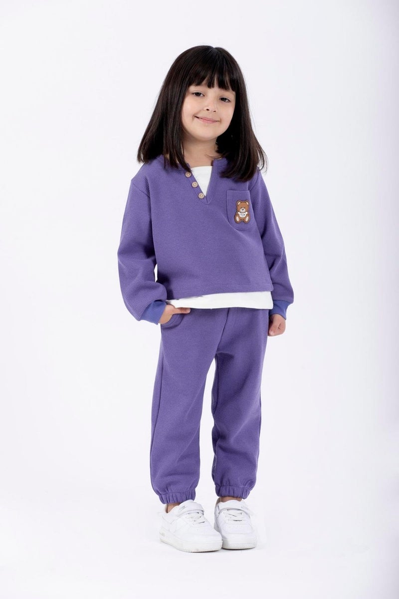 Zepkids Crew Neck Long Sleeve Teddy Bear Embroidered Garter Waist Elasticated Purple Color Girls Tracksuit  - Image 4