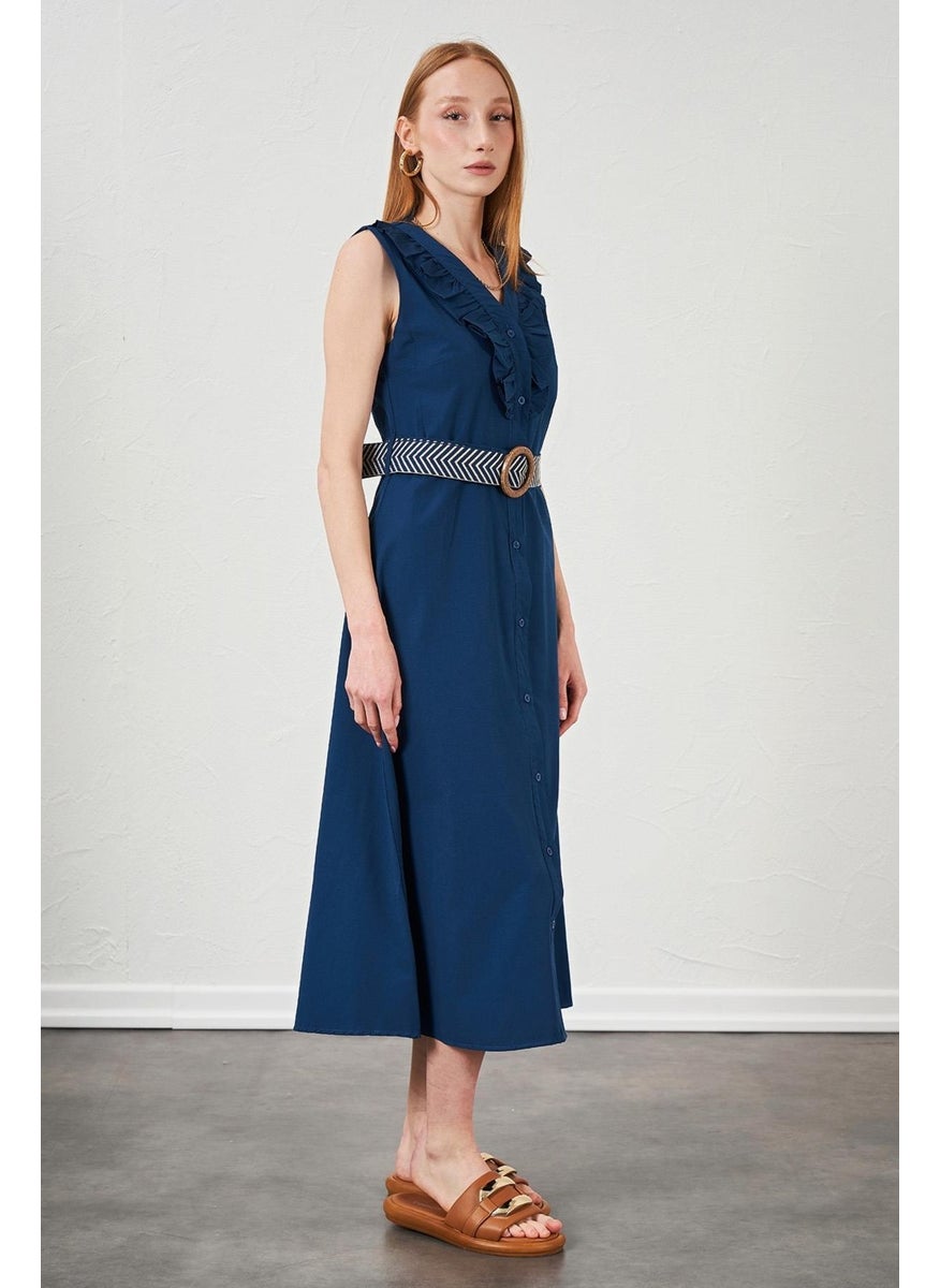 Tena Women's Indigo Collar Frilly Front Buttoned Sleeveless Poplin Fabric Long Dress  - Image 2