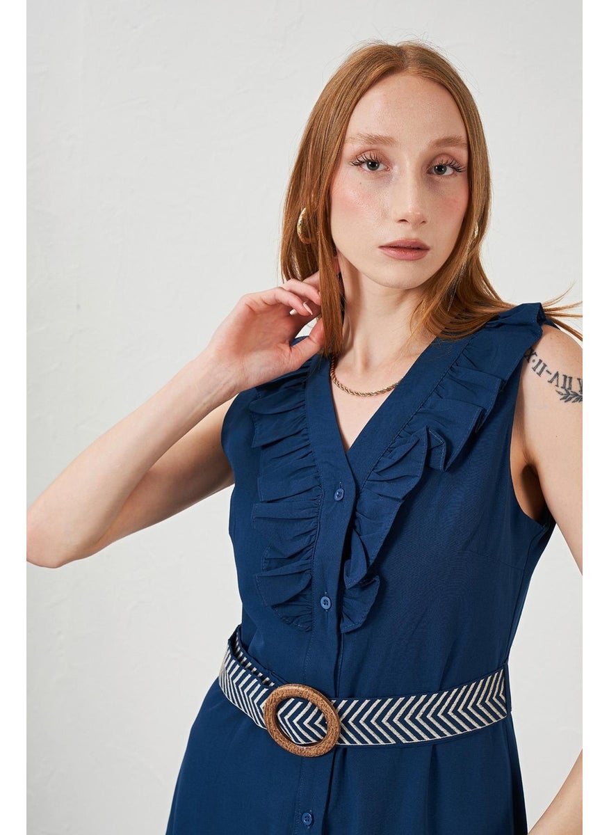 Tena Women's Indigo Collar Frilly Front Buttoned Sleeveless Poplin Fabric Long Dress  - Image 5