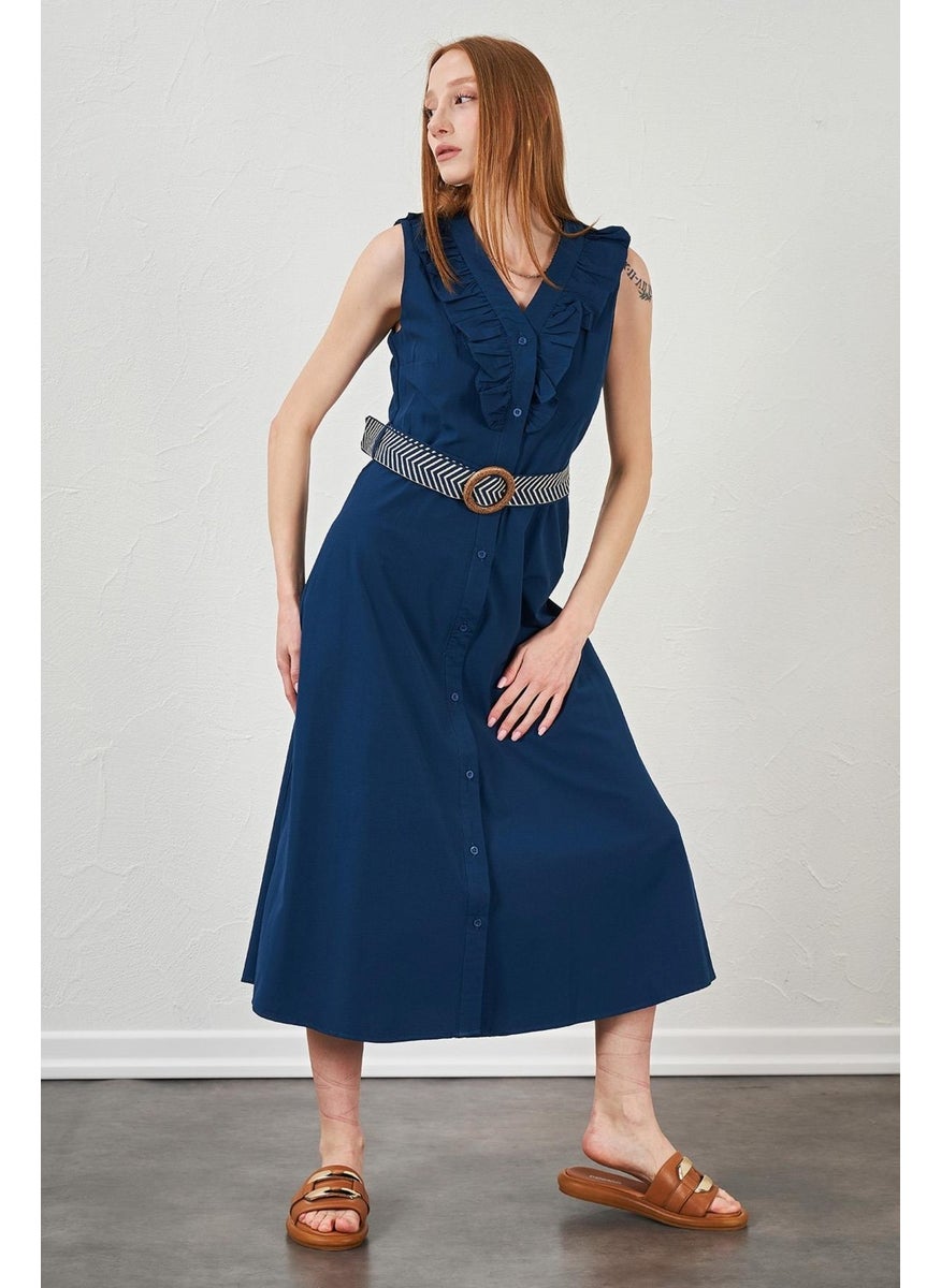 Tena Women's Indigo Collar Frilly Front Buttoned Sleeveless Poplin Fabric Long Dress  - Image 4