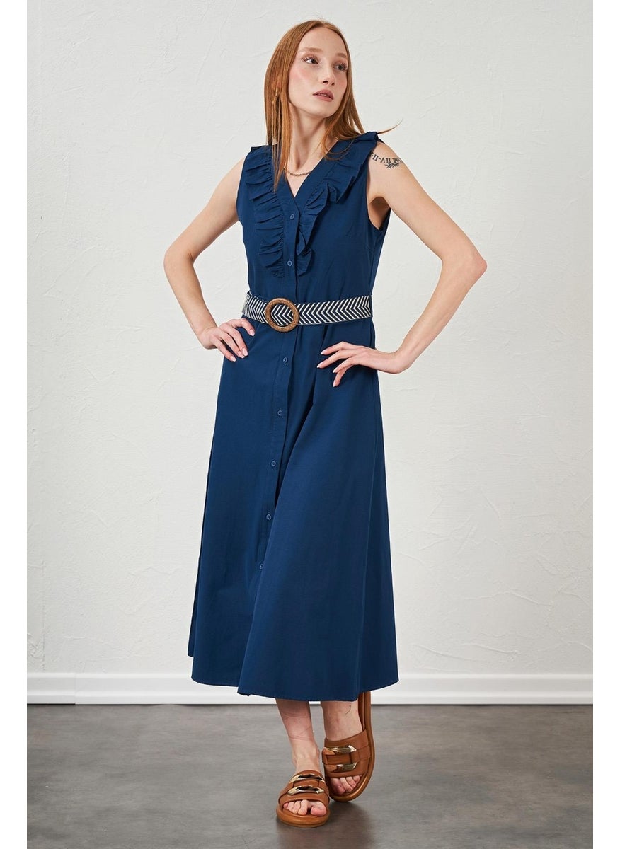 Tena Women's Indigo Collar Frilly Front Buttoned Sleeveless Poplin Fabric Long Dress  - Image 3