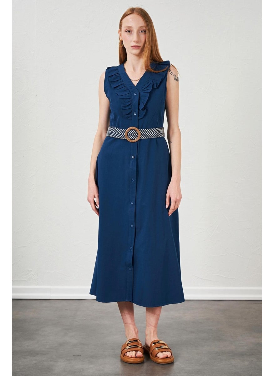 Tena Women's Indigo Collar Frilly Front Buttoned Sleeveless Poplin Fabric Long Dress  - Image 1