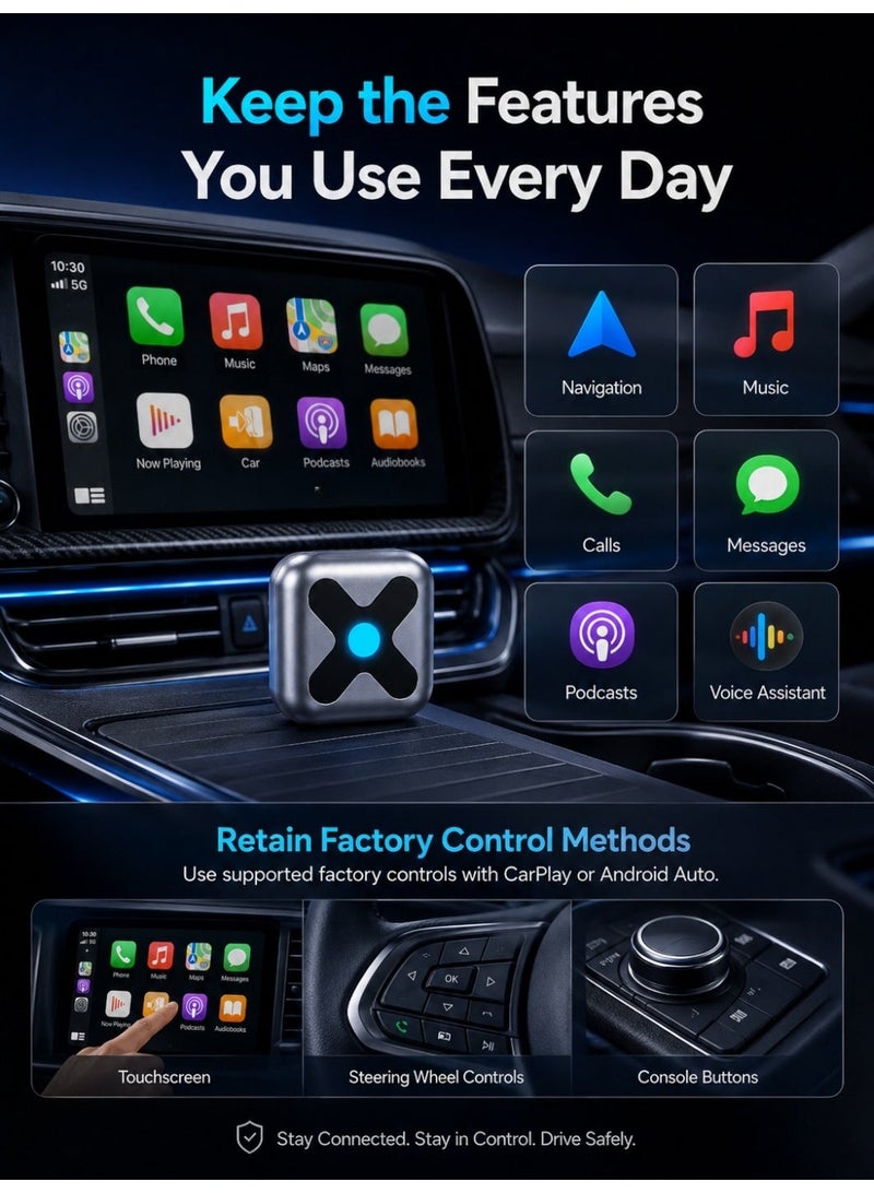 Vicalo Wireless CarPlay Adapter for iPhone＆Android Auto, 3s Fast Auto-Connect, 5.8GHz WiFi, Bluetooth 5.4, Convert Wired to Wireless, No Delay, USB-C/USB-A/Extension Cable, Compatible with iOS10+/Android 10+ - Image 5