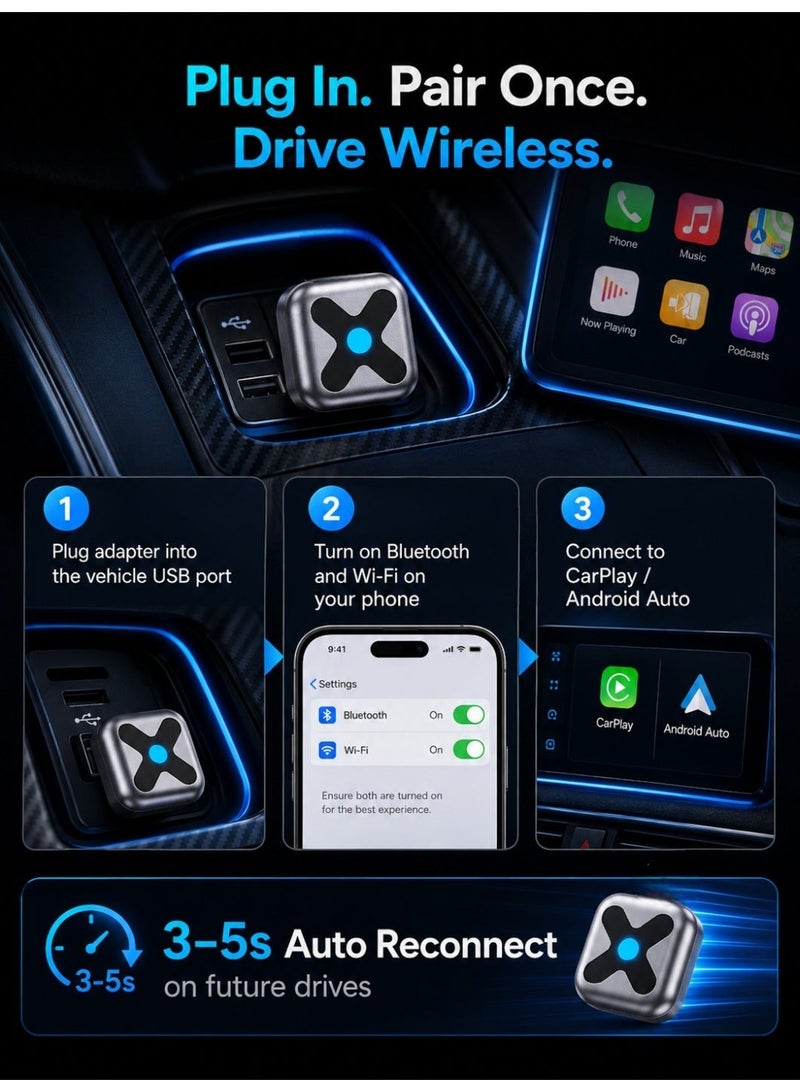 فيكالو محول CarPlay لاسلكي لأجهزة iPhone وAndroid Auto، اتصال تلقائي سريع في 3 ثوانٍ، شبكة WiFi بتردد 5.8 جيجاهرتز، بلوتوث 5.4، تحويل الاتصال السلكي إلى لاسلكي، بدون تأخير، مزود بمنافذ USB-C وUSB-A وكابل تمديد، متوافق مع iOS 10 وما فوق وAndroid 10 وما فوق - Image 5