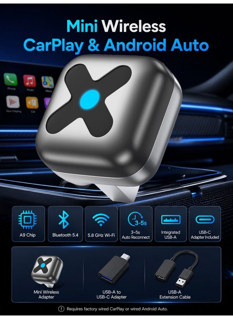 فيكالو محول CarPlay لاسلكي لأجهزة iPhone وAndroid Auto، اتصال تلقائي سريع في 3 ثوانٍ، شبكة WiFi بتردد 5.8 جيجاهرتز، بلوتوث 5.4، تحويل الاتصال السلكي إلى لاسلكي، بدون تأخير، مزود بمنافذ USB-C وUSB-A وكابل تمديد، متوافق مع iOS 10 وما فوق وAndroid 10 وما فوق - Image 2