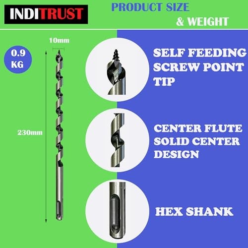 Inditrust بت حفر إنديتراست SDS Plus 10x230 مم للحفر في الخشب والبلاستيك | بت حفر خشب حلزوني ثقيل الوزن للحفارات الدورانية وآلات حفر SDS Plus - Image 2