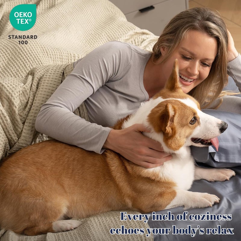 PHF بطانية قطنية منسوجة بشكل وافل مغسولة مسبقًا بحجم كوين للسرير، رمي مقاوم للتمزق للأريكة في الربيع والصيف، خفيفة الوزن وقابلة للتنفس، معتمدة من Oeko-TEX، قابلة للغسل في الغسالة، هدية ديكور منزلي - كاكي/توب بسيط - Image 3
