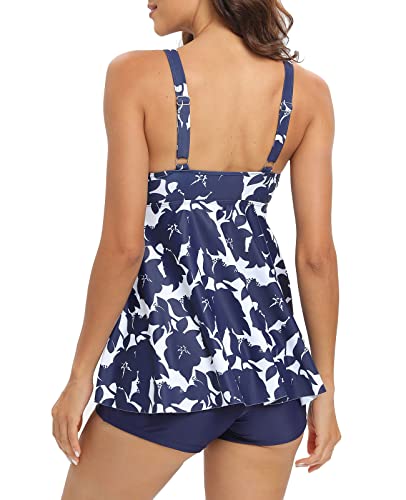 SEAFORM Women's Tankini Bathing Suits Two-Piece Tummy Control Swim Dress High Waist Printing Padded Swimsuits with Boyshorts Navy Blue - Image 3