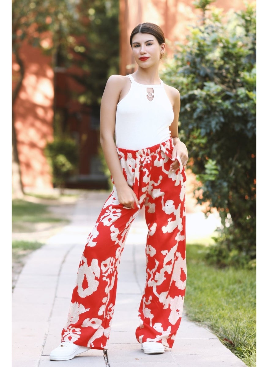 Giysa Women's Red Floral Patterned Palazzo Pants 100% Viscose Relaxed Cut - 25001  - Image 2