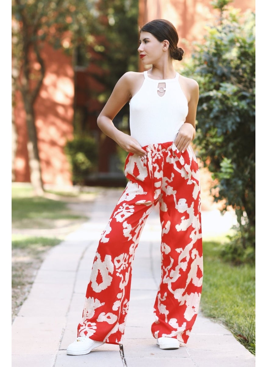 Giysa Women's Red Floral Patterned Palazzo Pants 100% Viscose Relaxed Cut - 25001  - Image 1