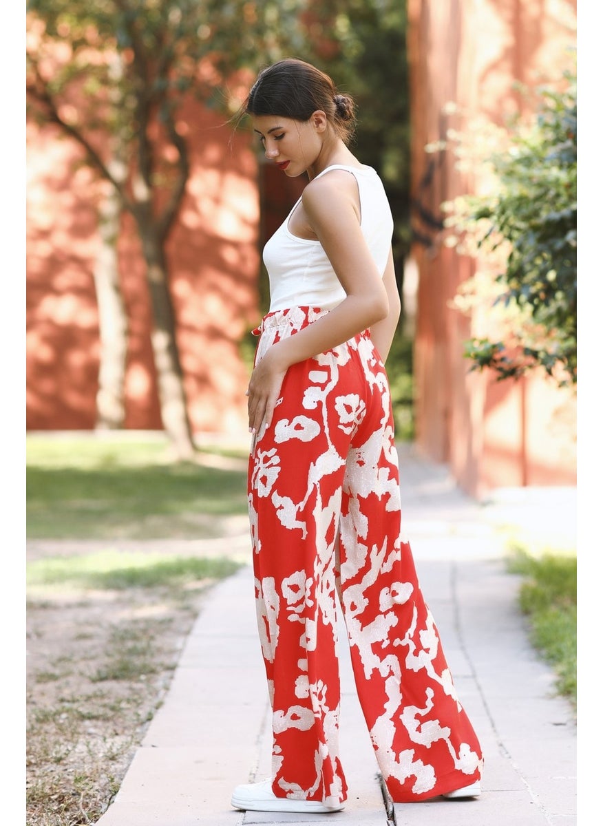Giysa Women's Red Floral Patterned Palazzo Pants 100% Viscose Relaxed Cut - 25001  - Image 4