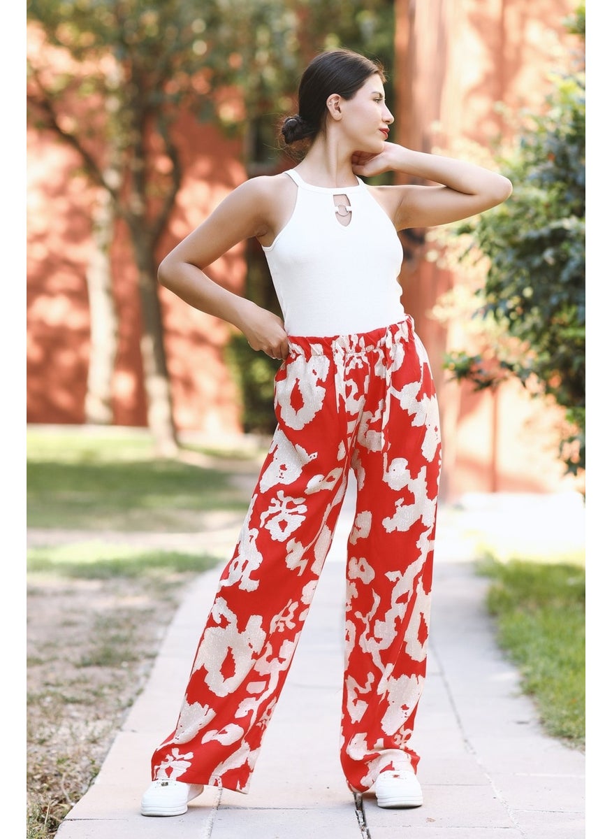 Giysa Women's Red Floral Patterned Palazzo Pants 100% Viscose Relaxed Cut - 25001  - Image 3