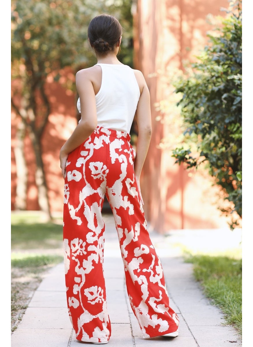 Giysa Women's Red Floral Patterned Palazzo Pants 100% Viscose Relaxed Cut - 25001  - Image 5