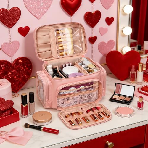 Bagmoly Large Makeup Bag Portable Travel Makeup Bag Organizer for Women Girls with Makeup Brush Compartment Two Side Pockets Cosmetic Travel Bag Vertical Storage Toiletry Pink - Image 3