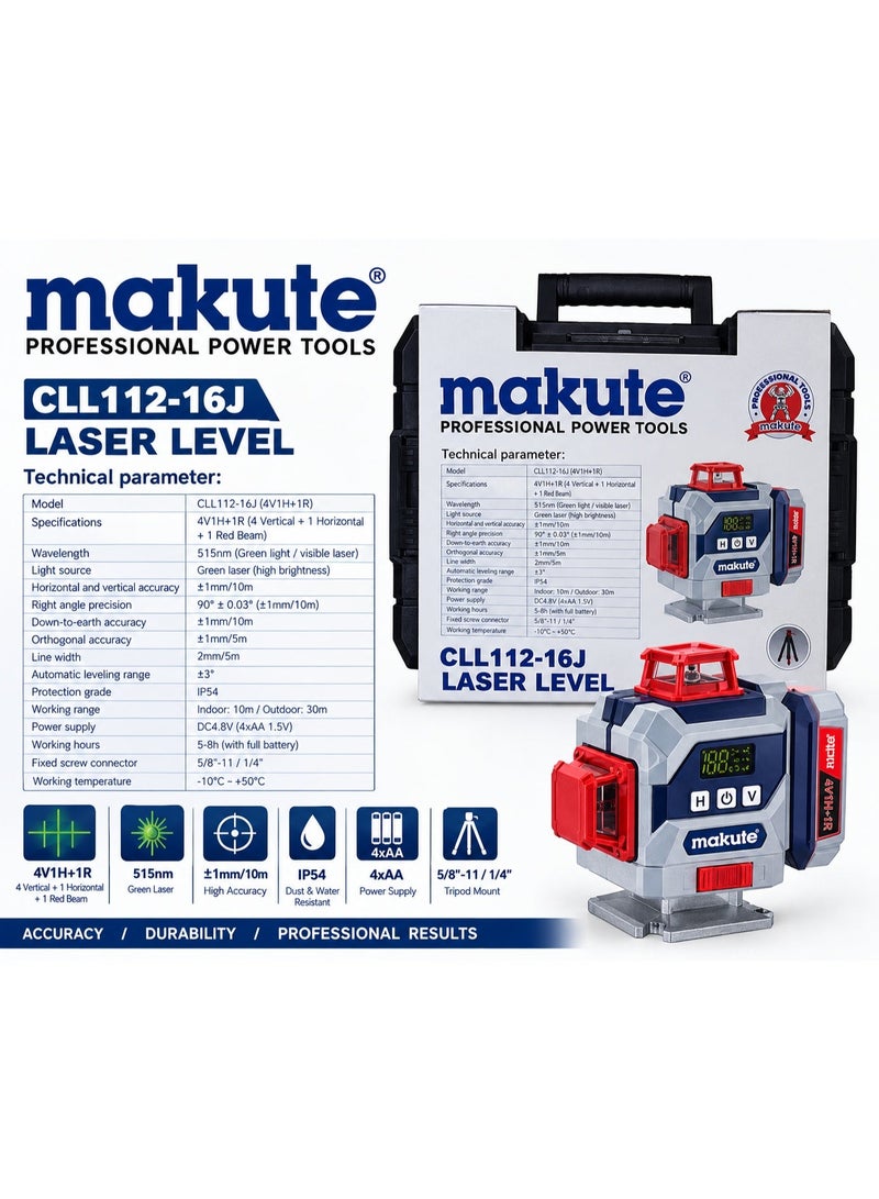 makute Green Laser Level 4 Vertical 1 Horizontal + 1 Red Beam 515nm Self-Leveling ±1mm/10m IP54 Indoor Outdoor Tripod Compatible CLL112-16J - Image 3