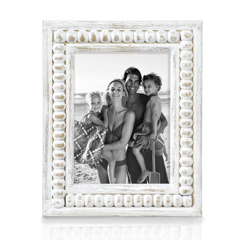 MACVAD Whitewashed Wood Beaded 5x7 Picture Frame - Farmhouse Style Rustic Picture Frame, Boho Picture Frame as 5 x 7 Photo Frame for Tabletop Display 5x7 Picture - Image 1