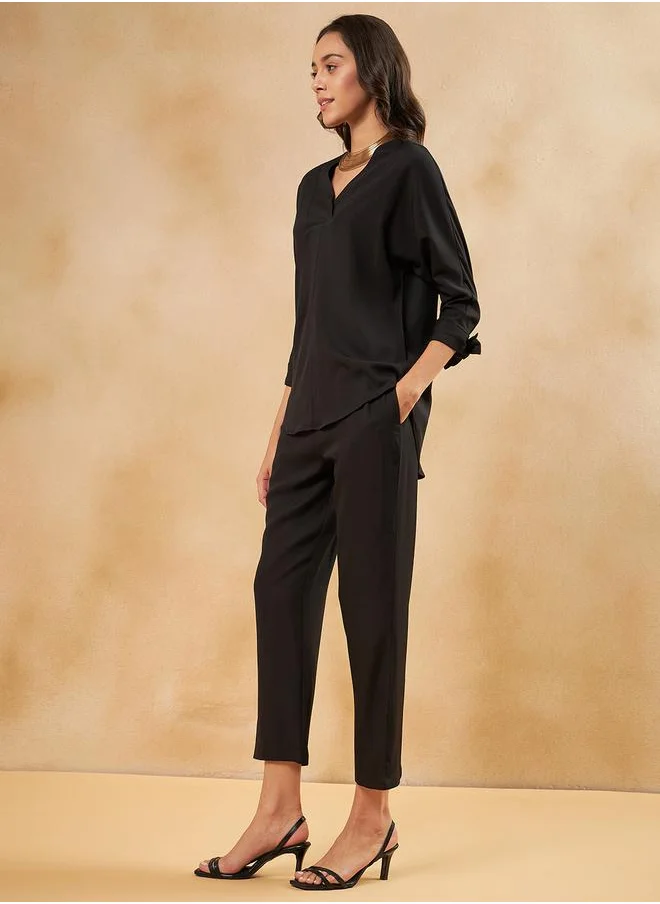 Femmella Solid Tie-Cuffed Detail Top & Pants Co-Ords by Styli