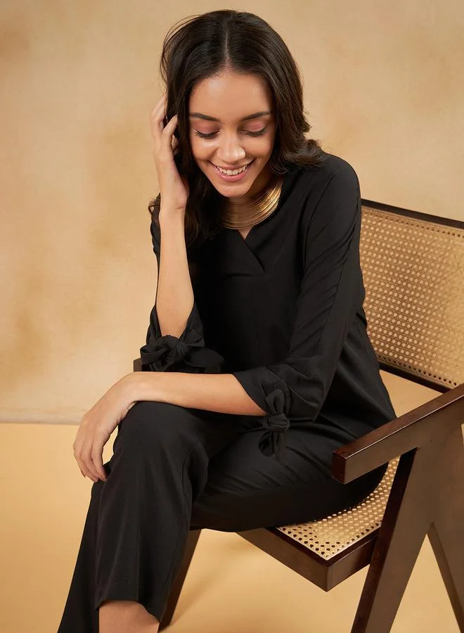 Femmella Solid Tie-Cuffed Detail Top & Pants Co-Ords by Styli