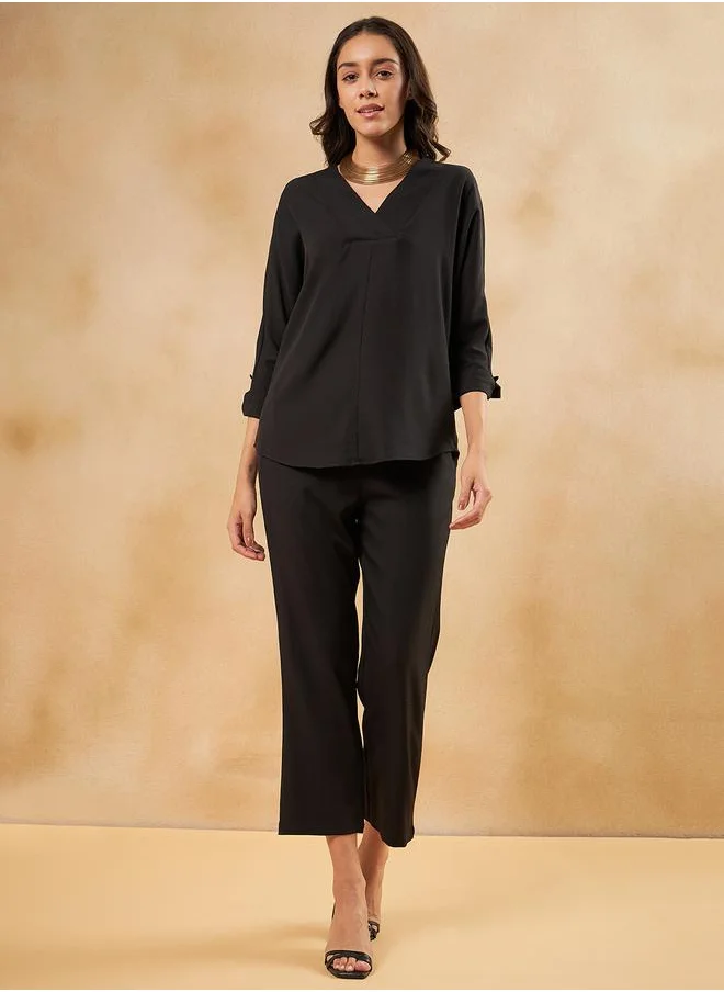 Femmella Solid Tie-Cuffed Detail Top & Pants Co-Ords by Styli