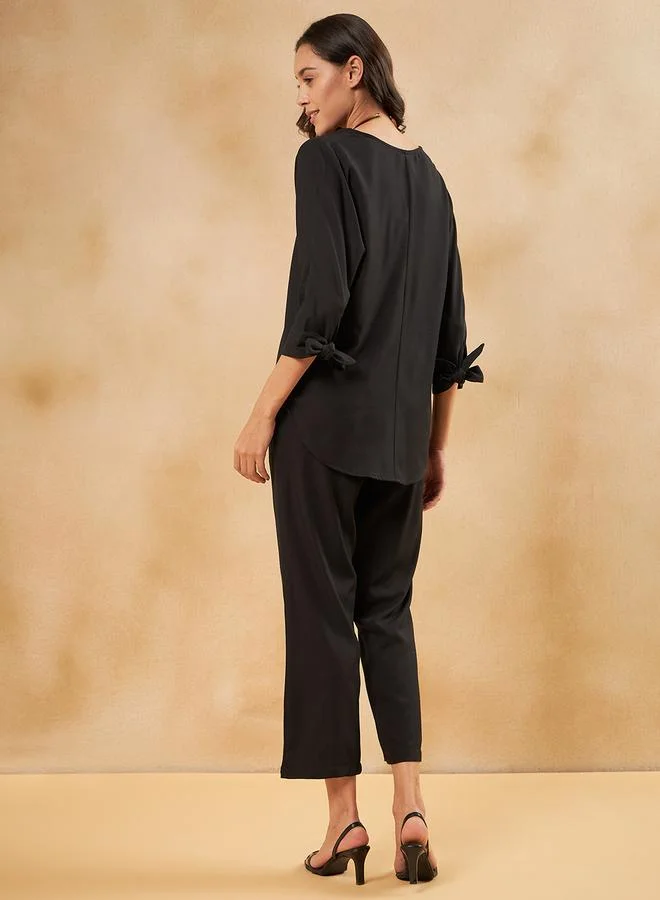 Femmella Solid Tie-Cuffed Detail Top & Pants Co-Ords by Styli