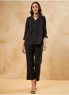 Femmella Solid Tie-Cuffed Detail Top & Pants Co-Ords  - Image 1