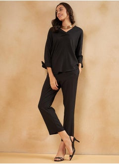 Femmella Solid Tie-Cuffed Detail Top & Pants Co-Ords  - Image 4