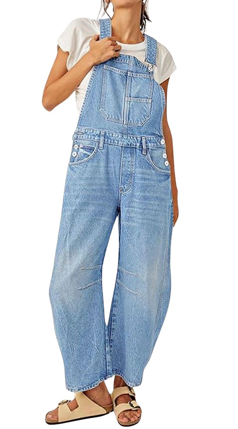 yoeasy Womens Denim Bib Overalls Barrel Wide Leg Baggy Adjustable Strap Denim Pants Jumpsuits with Pockets (Small, Light Blue) - Image 1