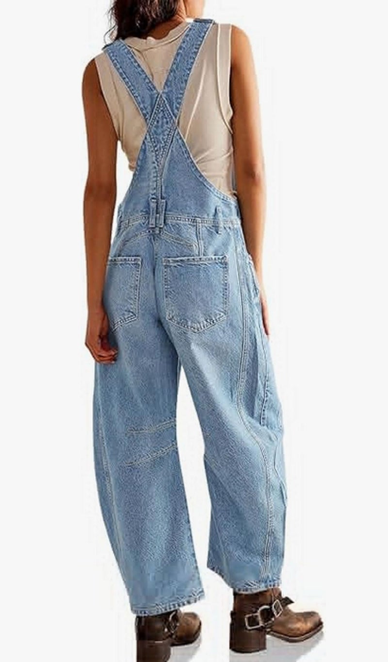 yoeasy Womens Denim Bib Overalls Barrel Wide Leg Baggy Adjustable Strap Denim Pants Jumpsuits with Pockets (Small, Light Blue) - Image 4