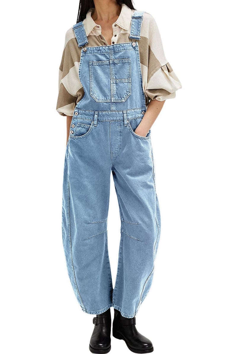 yoeasy Womens Denim Bib Overalls Barrel Wide Leg Baggy Adjustable Strap Denim Pants Jumpsuits with Pockets (Small, Light Blue) - Image 2