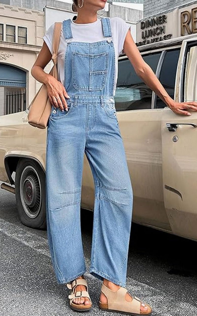 yoeasy Womens Denim Bib Overalls Barrel Wide Leg Baggy Adjustable Strap Denim Pants Jumpsuits with Pockets (Small, Light Blue) - Image 3