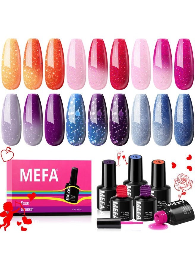 MEFA طقم طلاء أظافر جل متغير اللون 6 ألوان، تغير مزاج درجة حرارة الشتاء مع لمعة زرقاء وردية بنفسجية حمراء برتقالية تدرج، مجموعة تصميم أظافر قابلة للنقع للهدايا المنزلية للنساء والفتيات - Image 1