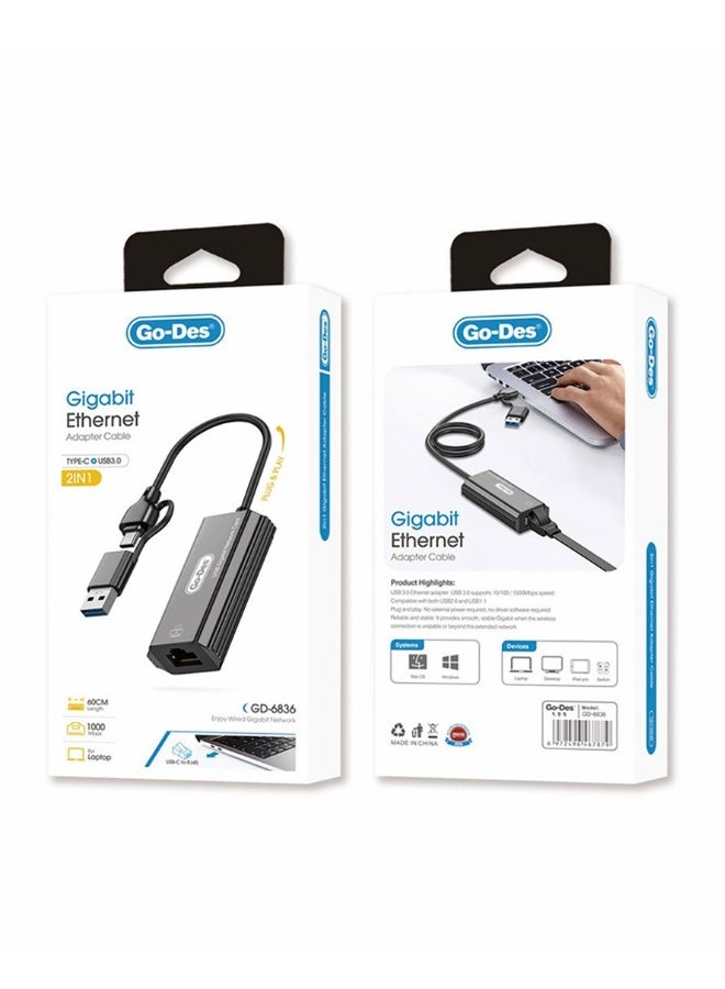 جو-ديز كابل محول إيثرنت جيجابت Go Des GD-6836 من RJ45 إلى Type-C و USB-A - Image 1