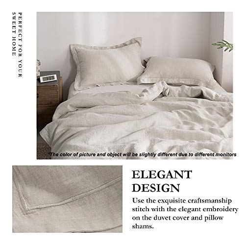 Simple&Opulence 100% Linen Duvet Cover Set with Embroidery Washed - 3 Pieces (1 Duvet Cover with 2 Pillow Shams) with Button Closure Soft Breathable Farmhouse - Linen, King Size - Image 2
