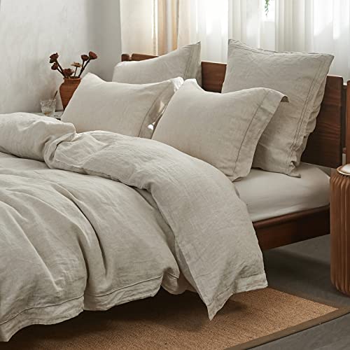 Simple&Opulence 100% Linen Duvet Cover Set with Embroidery Washed - 3 Pieces (1 Duvet Cover with 2 Pillow Shams) with Button Closure Soft Breathable Farmhouse - Linen, King Size - Image 1