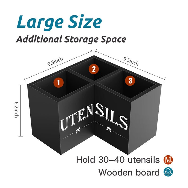 Suli Extra Large Kitchen Utensils Holder with 3 Compartments,Corner Utensil Caddy for Countertop,Wooden Utensil Organizer for Kitchen Countertop, Farmhouse Decor- Black - Image 2