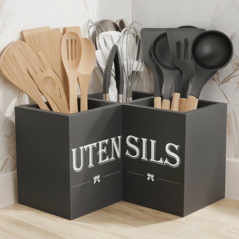 Suli Extra Large Kitchen Utensils Holder with 3 Compartments,Corner Utensil Caddy for Countertop,Wooden Utensil Organizer for Kitchen Countertop, Farmhouse Decor- Black - Image 3