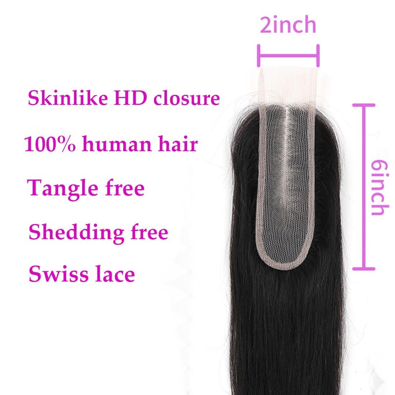 AUTTO 2x6 HD Lace Closure Skinlike 2x6 Human Hair Closure Straight 2x6 Brazilian Virgin Human Hair Kim K Middle Part Closure 2x6 Straight HD Closure 16inch Pre-plucked with Natural Hairline - Image 3
