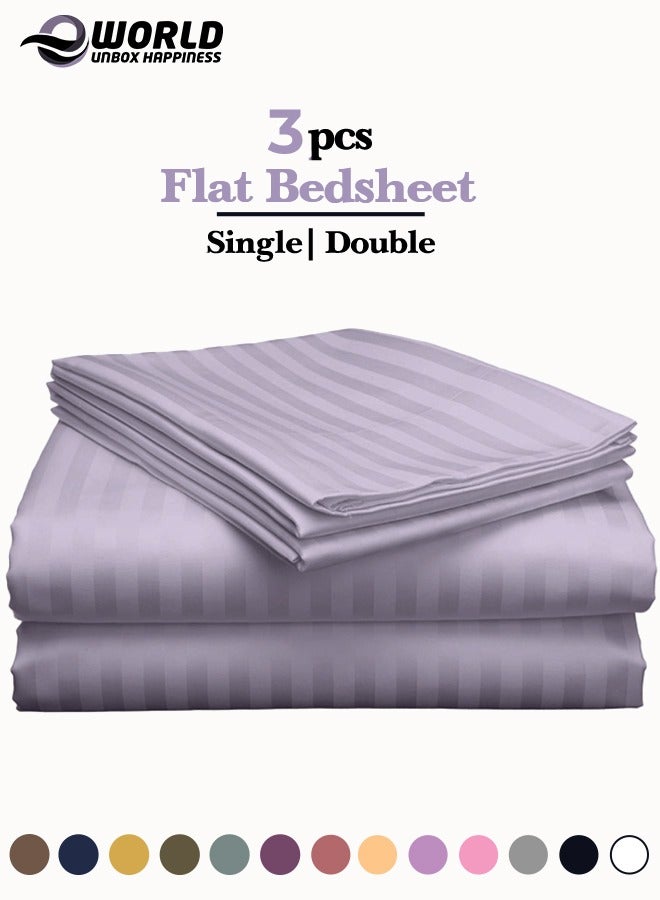 إي وورلد طقم ملايات فاخر مكون من 3 قطع بخطوط مخططة، يحتوي على شرشف مسطح وغطاءين للوسائد، مثالي للفنادق والمنازل. مصنوع من قماش مايكروفايبر فائق النعومة وقابل للتنفس، يوفر راحة مثالية طوال العام. (مقاس مفرد/مزدوج). - Image 1