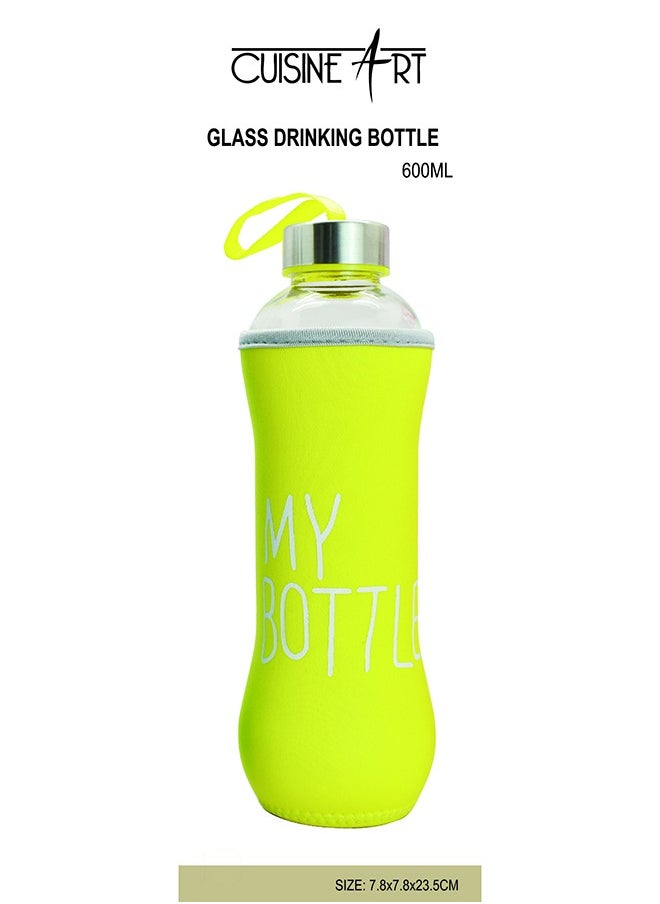 Cuisine Art - Glass Drinking Bottle With Leak Proof Lid, Best as Reusable Drinking Bottle, Juice Beverage Container Assorted Color, 600ml - Image 1